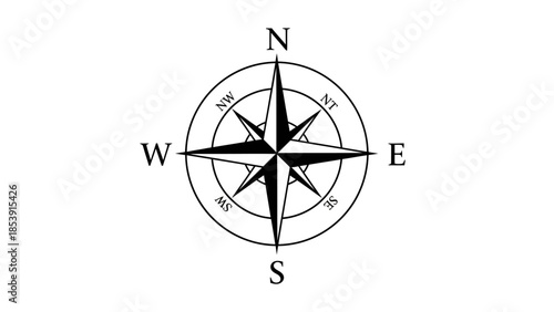 A classic black and white compass rose graphic indicating cardinal and intercardinal directions for navigation.