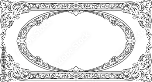 Elegant vintage ornamental frame with baroque floral scrollwork border, classic decorative line art design isolated on white background