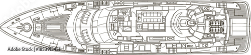 Luxury yacht deck layout blueprint illustration showing detailed interior compartments, marine engineering design, nautical vessel plan top view