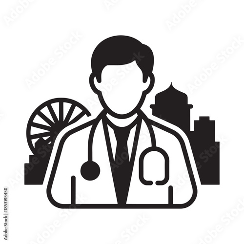 Doctor icon with city skyline and fan in the background