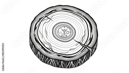 Detailed black and white illustration of a tree stump cross-section showing growth rings, bark, and a central symbolic design.