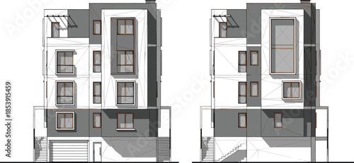 Modern residential apartment building facade elevation architectural drawing minimalist urban housing exterior design concept with clean geometric forms contemporary style illustration