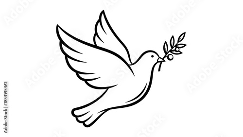 Stylized black and white illustration of a flying dove carrying an olive branch, symbolizing peace.