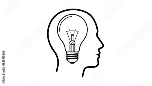 An outline illustration of a human head in profile containing a lit light bulb, representing an innovative idea or concept.