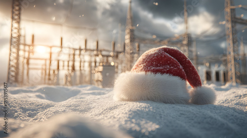 Wallpaper Mural Santa Claus hat, electricity substation in background. Concept of electricity provision and supply during Christmas time. Blending festive warmth with industrial electricity infrastructure. Torontodigital.ca