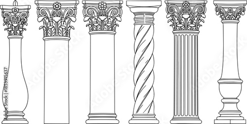 Classical architectural column illustration set featuring ornate capitals and varied shaft styles, detailed ancient pillar designs in black and white line art