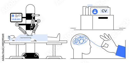 Artificial intelligence concept. Artificial intelligence in robotic surgery, recruitment systems, and mental health applications. Artificial intelligence enhancing innovation in health, HR