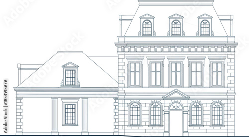 Elegant neoclassical building elevation illustration with detailed facade, symmetrical windows, and refined architectural proportions in clean technical line art style