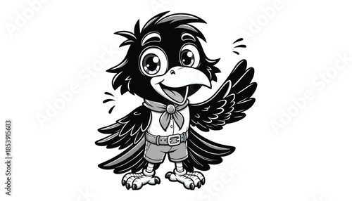 Vector illustration of cartoon Crows waving wing greeting black and white drawing For children to learn to color according to the picture.