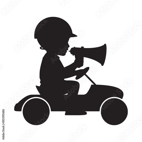 Silhouette of a child riding a pedal car and speaking into a megaphone