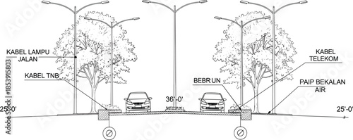 Urban street cross section drawing showing road width, lighting poles, trees, utilities, drainage, and traffic lanes in technical infrastructure illustration