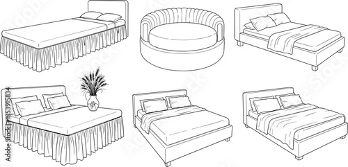 Bedroom furniture line art set featuring modern beds and sofa bed designs, minimalist interior illustration, clean black and white vector style
