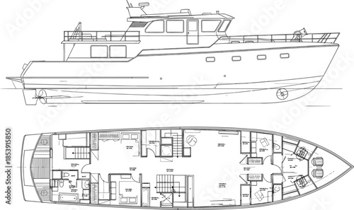 Luxury motor yacht technical blueprint showing side elevation and detailed deck plan layout, nautical marine engineering illustration vector drawing