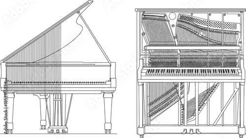 Detailed piano technical blueprint showing grand and upright mechanisms, strings and keys, musical instrument engineering line art illustration