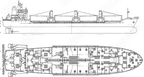 Detailed cargo ship technical blueprint showing side elevation and deck plan layout, maritime engineering drawing, industrial vessel design illustration