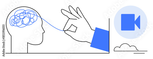 Mental health, therapy sessions, telehealth, problem-solving, counseling, remote care. Hand untangling brain with video chat icon. Therapy sessions and telehealth vividly