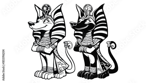 Vector illustration of cartoon Anubis black and white drawing For children to learn to color according to the picture.
