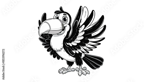 Vector illustration of cartoon Toucans waving wing greeting black and white drawing For children to learn to color according to the picture.