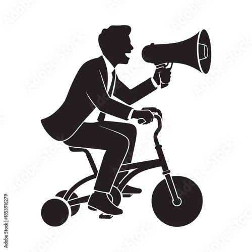 A silhouette of a man on a tricycle speaking into a megaphone