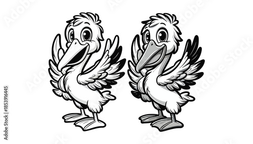 Vector illustration of cartoon Pelican waving wing greeting black and white drawing For children to learn to color according to the picture.