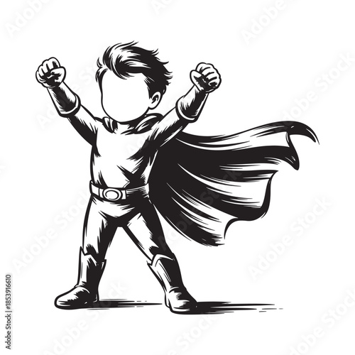 A faceless superhero cartoon character in a dynamic triumphant pose