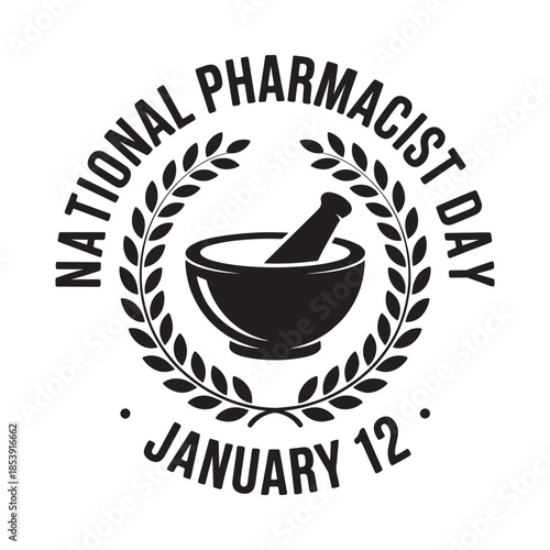 National pharmacist day emblem with mortar and pestle and laurel wreath design