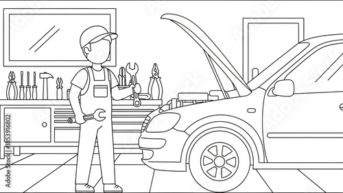 Line Art Auto Mechanic Illustration for Vehicle Maintenance Service