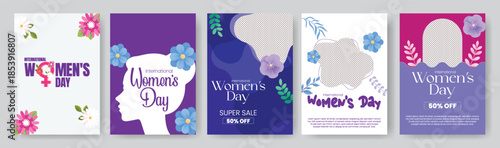 8 March International Women’s Day A4 print flyer poster pack and brochure cover templates bundle with floral vector background illustrations collection and modern female face silhouette elements