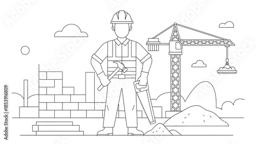 Line Art Construction Worker Illustration for Building Industry Workflow