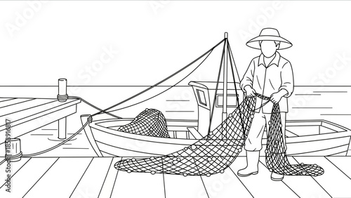Line Art Fisherman Illustration for Traditional Fishing Industry Concept