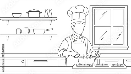 Line Art Chef Illustration for Professional Kitchen Cooking Workflow