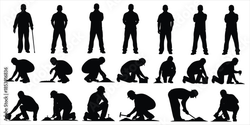 Silhouettes of construction workers performing various manual labor tasks building