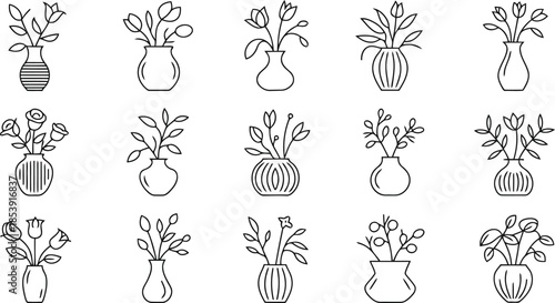A charming assortment of outline flowers and plants arranged in various vases on a white surface