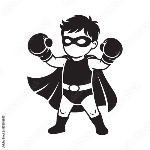 A cartoon superhero boy wearing a mask and boxing gloves stands ready
