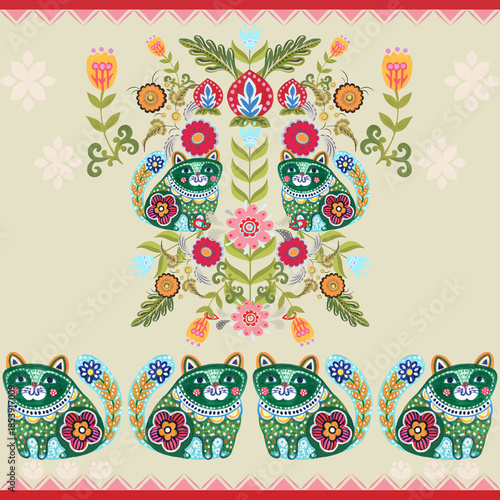 The beautiful of flower with animal folklore ornament arrangement blooming foliage leaves watercolor