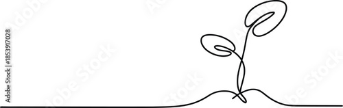 A delicate continuous line drawing shows a small seedling sprouting from the ground ready to grow