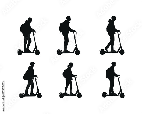 Silhouettes of people riding electric scooters with backpacks on white background person