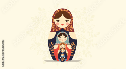 Traditional russian matryoshka nesting dolls depicted in a layered stack with intricate floral patterns and classic faces.