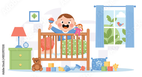 Happy baby boy standing in a wooden crib holding a rattle and doll surrounded by colorful toys in a sunny nursery room.