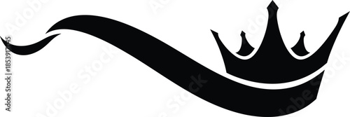 Elegant crown and flowing ribbon graphic silhouette. Royal luxury symbol design. King queen emblem. Vector illustration