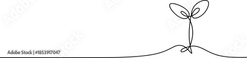 A delicate single continuous line drawing illustrates a young plant sprout emerging from the soil