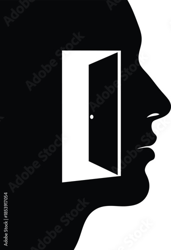 Human head profile silhouette with an open door. Concept of mind, opportunity, freedom, and selfdiscovery. Vector illustration