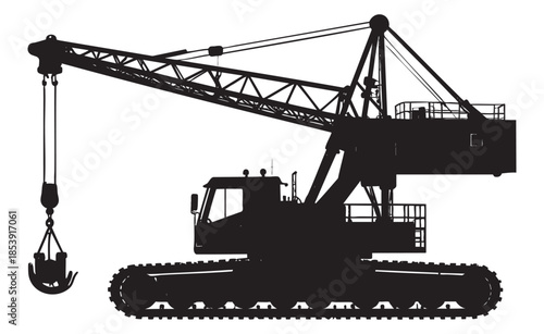 Silhouette of a crawler crane with a clamshell bucket on white vector illutrastion transparent background
