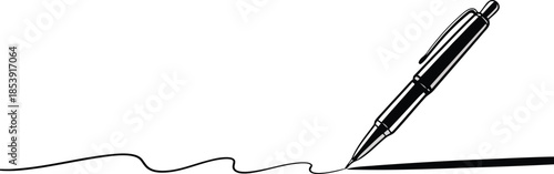 A detailed line drawing shows a modern ballpoint pen beginning to write a flowing wavy line