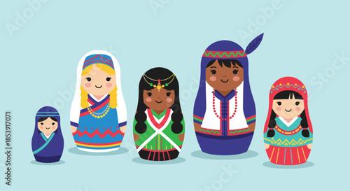 Set of diverse nesting dolls representing different cultures and ethnicities with unique traditional clothing and patterns.
