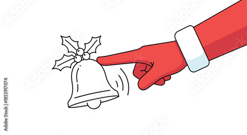 Santa claus gloved hand pointing towards a black and white line art christmas bell decorated with holly leaves and berries.