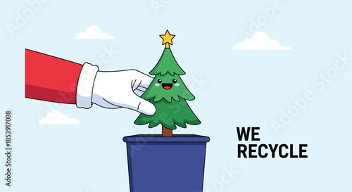 Santa claus hand in a white glove placing a small potted christmas tree into a bin with the text we recycle below.
