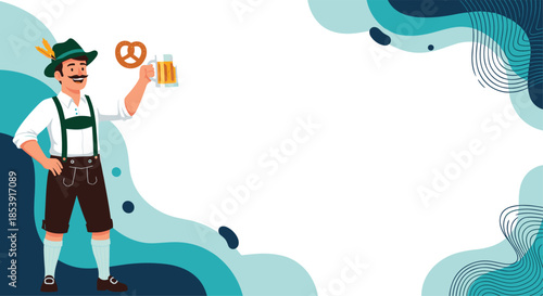 Happy man in traditional german lederhosen holding a mug of beer and a pretzel during the oktoberfest celebration event.