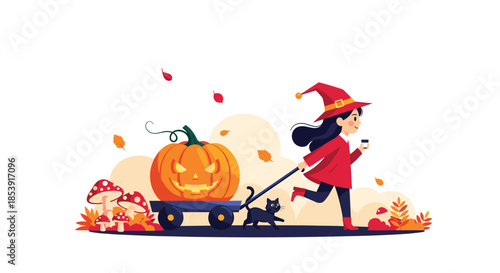 Cute witch character running through an autumn forest while pulling a wagon with a large jack-o-lantern pumpkin and a cat.