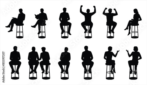 Silhouettes of people sitting on bar stools in various poses on white background woman